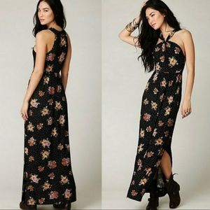 Free People Maxi Halter Black Jersey Floral Dress